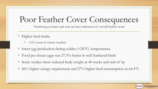 Poor Feather Cover Consequences
*feathering on back and vent are best indicators of overall feather score
• Higher feed intake
• ~16% more in winter weather
• lower egg production during colder (<20C) temperatures
• Food per dozen eggs was 27.5% better in well feathered birds
• Some studies show reduced body weight at 40 weeks and end of lay
• 46% higher energy requirement and 27% higher feed consumption at 64.4C
 