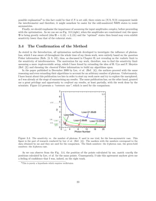 possible explanation6
to this fact could be that if N is set odd, there exists no |N/2, N/2 component inside
the interferometer and therefore, it might somehow be easier for the odd-numbered N00N states to resist
asymmetries.
Finally, we should emphasise the importance of assuming the input amplitudes complex, before proceeding
with the optimisation. As we can see on Fig. 3.3 (right), when the amplitudes are constrained real, the space
B is being greatly reduced (dim B = 4, (6) → 2, (3)) and the “optimal” states then found may even exhibit
sensitivity lower than that of the coherent state.
3.4 The Conﬁrmation of the Method
As stated in the Introduction, all optimisation methods developed to investigate the inﬂuence of photon-
loss, which I was aware of throughout the whole time of my thesis work, were entirely based on the quantum
Fisher information (Refs. [3, 9, 10]), thus, as discussed in Chapter II, not revealing us the realistic limit to
the sensitivity of interferometers. The motivation for my work, therefore, was to ﬁnd the sensitivity limit
assuming a more implementable setup, which I have found by extanding the idea of H. Uys and P. Meystre
(Ref. [2]) and choosing the classical Fisher information to build my algorithms upon.
In the paper published in December 2009 by Lee, et al. (Ref. [4]), the authors proceed with the same
reasoning and even extanding their algorithms to account for an arbitrary number of photons. Unfortunately,
I have learnt about this publication too late in order to start my work anew and try to explore the unexplored,
as I was already at the stage of summerising my results. The same publication has, on the other hand, granted
me a great privilage and opportunity to confront my results, at least partially, with the work done by the
scientists. Figure 3.4 presents a “common case”, which is used for the comparison:
Figure 3.4: The sensitivity vs. the number of photons N used in one trial, for the loss-asymmetric case. This
ﬁgure is the part of research conductd by Lee et al. (Ref. [4]). The markers with the numbers correspond to the
data obtained by me and they are used for the comparison. The black numbers: the 2-photon case, the green-bold
numbers: the 3-photon case.
As we can observe from the Fig. 3.4, the position of the points calculated by me, match exactly the
positions calculatd by Lee, et al. for the same points. Consequently, I take this agreement anyhow gives me
a feeling of conﬁdence that I was, indeed, on the right track.
6This is purely a hypothesis which requires veriﬁctaion.
23
 