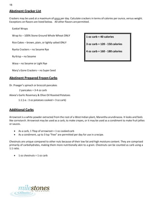 18
Abstinent Cracker List
Crackers may be used at a maximum of once per day. Calculate crackers in terms of calories per ounce, versus weight.
Exceptions on flavors are listed below. All other flavors arepermitted.
Ezekiel Wraps
Wrap Itz – 100% Stone Ground Whole Wheat ONLY
Rice Cakes – brown, plain, or lightly salted ONLY
Ryvita Crackers – no Sesame Rye
Ry Krisp – no Sesame
Wasa – no Sesame or Light Rye
Mary’s Gone Crackers – no Super Seed
Abstinent Prepared Frozen Carbs
Dr. Praeger’s spinach or broccoli pancakes
2 pancakes = 3-4 oz carb
Alexia’s Garlic Rosemary & Olive Oil Roasted Potatoes
1:1 (i.e.: 3 oz potatoes cooked = 3 oz carb)
Additional Carbs
Arrowroot is a white powder extracted from the root of a West Indian plant, Marantha arundinacea. It looks and feels
like cornstarch. Arrowroot may be used as a carb, to make crepes, or it may be used as a condiment to make fruit jellies
or sauces.
• As a carb, 1 Tbsp of arrowroot = 1 oz cooked carb
• As a condiment, up to 3 tsp “free” are permitted per day for use in arecipe.
Chestnuts are unique compared to other nuts because of their low fat and high moisture content. They are comprised
primarily of carbohydrates, making them more nutritionally akin to a grain. Chestnuts can be counted as carb using a
1:1 ratio.
• 1 oz chestnuts = 1 oz carb
1 oz carb = 40 calories
3 oz carb = 120 - 150 calories
4 oz carb = 160 - 180 calories
 