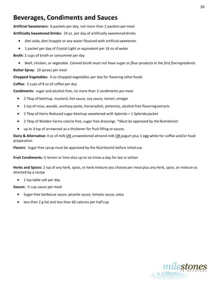29
Beverages, Condiments and Sauces
Artificial Sweeteners: 6 packets per day, not more than 2 packets permeal.
Artificially Sweetened Drinks: 24 oz. per day of artificially sweeteneddrinks
• diet soda, diet Snapple or any water flavored with artificialsweetener
• 1 packet per day of Crystal Light or equivalent per 16 oz of water
Broth: 2 cups of broth or consommé per day
• Beef, chicken, or vegetable. Canned broth must not have sugar or flour products in the first fiveingredients
Butter Spray: 10 sprays per meal
Chopped Vegetables: 4 oz chopped vegetables per day for flavoring otherfoods
Coffee: 2 cups of 8 oz of coffee per day
Condiments: sugar and alcohol-free, no more than 3 condiments permeal
• 2 Tbsp of ketchup, mustard, hot sauce, soy sauce, tamari,vinegar
• 1 tsp of miso, wasabi, anchovy paste, horseradish, pimentos, alcohol-free flavoringextracts
• 2 Tbsp of Heinz Reduced sugar Ketchup sweetened with Splenda = 1 Splenda packet
• 2 Tbsp of Walden Farms calorie free, sugar free dressings *Must be approved by theNutritionist
• up to 3 tsp of arrowroot as a thickener for fruit filling orsauces
Dairy & Alternative: 4 oz of milk OR unsweetened almond milk OR yogurt plus 1 egg white for coffee and/or food
preparation
Flavors: Sugar free syrup must be approved by the Nutritionist before initialuse
Fruit Condiments: ½ lemon or lime slice up to six times a day for tea orseltzer
Herbs and Spices: 2 tsp of any herb, spice, or herb mixture you choose per meal plus any herb, spice, or mixture as
directed by a recipe
• 1 tsp table salt per day
Sauces: ½ cup sauce per meal
• Sugar-free barbecue sauce, picante sauce, tomato sauce, salsa
• less than 2 g fat and less than 60 calories per half cup
 