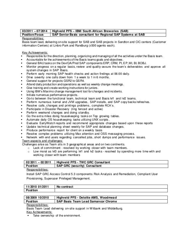 sap basis resume sample