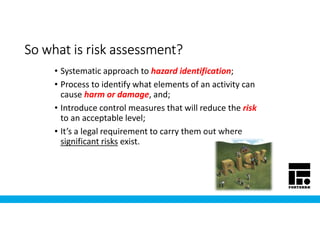 So what is risk assessment?So what is risk assessment?So what is risk assessment?So what is risk assessment?
• Systematic approach to hazard identification;
• Process to identify what elements of an activity can
cause harm or damage, and;
• Introduce control measures that will reduce the risk
to an acceptable level;
• It’s a legal requirement to carry them out where
significant risks exist.
 
