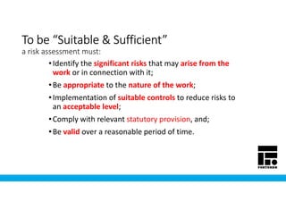 To be “Suitable & Sufficient”To be “Suitable & Sufficient”To be “Suitable & Sufficient”To be “Suitable & Sufficient”
a risk assessment must:
•Identify the significant risks that may arise from the
work or in connection with it;
•Be appropriate to the nature of the work;
•Implementation of suitable controls to reduce risks to
an acceptable level;
•Comply with relevant statutory provision, and;
•Be valid over a reasonable period of time.
 