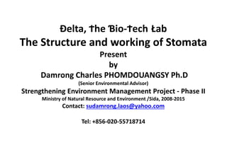 Đelta, Ϯhe Ɓio-Ϯech Łab
The Structure and working of Stomata
Present
by
Damrong Charles PHOMDOUANGSY Ph.D
(Senior Environmental Advisor)
Strengthening Environment Management Project - Phase II
Ministry of Natural Resource and Environment /Sida, 2008-2015
Contact: sudamrong.laos@yahoo.com
Tel: +856-020-55718714
 