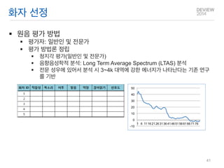 화자 선정 
원음 평가 방법 
평가자: 일반인 및 전문가 
평가 방법론 정립 
청지각 평가(일반인 및 전문가) 
음향음성학적 분석: Long Term Average Spectrum (LTAS) 분석 
전문 성우에 있어서 분석 시 3~4k 대역에 강한 에너지가 나타난다는 기존 연구를 기반 
-20 
0 
20 
40 
60 
1 
6 
11 
16 
21 
26 
31 
36 
41 
46 
51 
56 
61 
66 
71 
76 
41  