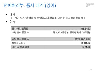 품사 태깅 정확도 
95.54% 
초당 분석 문장 수 
약 1,022 문장 (1 문장당 평균 20토큰) 
초당 분석 토큰 수 
약 21,180 토큰 
메모리 사용량 
약 11MB 
사전 및 모델 크기 
약 3MB 
내용 
끊어 읽기 및 발음 등 합성에서의 형태소 사전 편집의 용이성을 제공 
성능 
언어처리부: 품사 태거 (영어) 
45  
