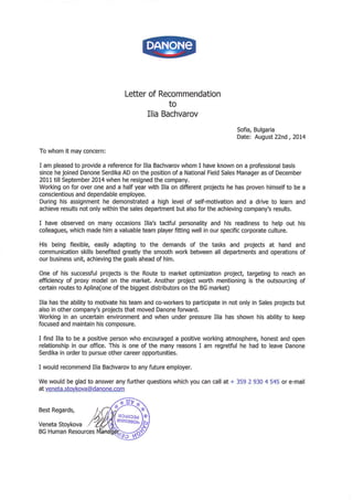 Letter of recommendation Danone Bulgaria