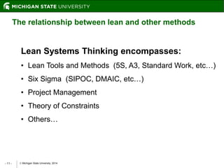  Michigan State University, 2014- 11 -
The relationship between lean and other methods
Lean Systems Thinking encompasses:
• Lean Tools and Methods (5S, A3, Standard Work, etc…)
• Six Sigma (SIPOC, DMAIC, etc…)
• Project Management
• Theory of Constraints
• Others…
 