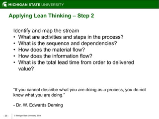  Michigan State University, 2014- 20 -
Applying Lean Thinking – Step 2
Identify and map the stream
• What are activities and steps in the process?
• What is the sequence and dependencies?
• How does the material flow?
• How does the information flow?
• What is the total lead time from order to delivered
value?
“If you cannot describe what you are doing as a process, you do not
know what you are doing.”
- Dr. W. Edwards Deming
 