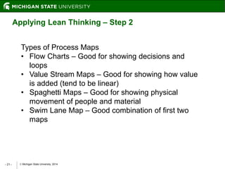  Michigan State University, 2014- 21 -
Applying Lean Thinking – Step 2
Types of Process Maps
• Flow Charts – Good for showing decisions and
loops
• Value Stream Maps – Good for showing how value
is added (tend to be linear)
• Spaghetti Maps – Good for showing physical
movement of people and material
• Swim Lane Map – Good combination of first two
maps
 