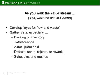 Michigan State University, 2014- 31 -
As you walk the value stream …
(Yes, walk the actual Gemba)
• Develop “eyes for flow and waste”
• Gather data, especially …
– Backlog or inventory
– Total touches
– Actual personnel
– Defects, scrap, rejects, or rework
– Schedules and metrics
 