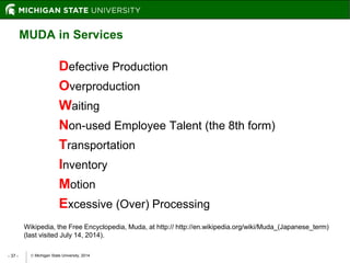  Michigan State University, 2014- 37 -
MUDA in Services
Defective Production
Overproduction
Waiting
Non-used Employee Talent (the 8th form)
Transportation
Inventory
Motion
Excessive (Over) Processing
Wikipedia, the Free Encyclopedia, Muda, at http:// http://en.wikipedia.org/wiki/Muda_(Japanese_term)
(last visited July 14, 2014).
 