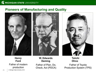  Michigan State University, 2014- 4 -
Henry
Ford
W. Edwards
Deming
Taiichi
Ohno
Father of modern
production
Father of Toyota
Production System (TPS)
Father of Plan, Do,
Check, Act (PDCA)
Pioneers of Manufacturing and Quality
 