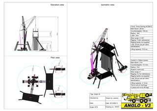 Scale: NTS
Title: Shaft 16
Drawn by: JeremyChecked by:
Date:
Drawing no.: IP003
Date: 2013/06/13
Crane:2 x 100ton cranes
Main Boom: 21m
Counterweights: 13.3 ton
Radius: 10m
Support crane only
Rigging: 0.2 ton (allowance)
Rigging tackle not supplied
Load: 26 ton (as per client
specification)
Lifting capacity: 21.9 ton
This is only to hold legs
in place and not to lift legs
Elevation view Isometric view
Plan view
Crane: Terex Demag AC500-2
Main Boom: 28.6m
Counterweights: 100 ton
Radius: 18m
Luffer: 24m
Rigging: 0.4ton (allowance)
Rigging tackle not supplied
Load: 50 ton (as per client
specification)
Lifting capacity: 70.5 ton
R18m
R10m
R10m
56m
15,35m9,05m
12,91m
 