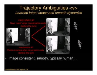 Trajectory Ambiguities <v>
           Learned latent space and smooth dynamics

             Interpretation #1
     Says `salut’ when conversation ends
                (before the turn)




               Interpretation #2
  Points at camera when conversation ends
               (before the turn)

• Image consistent, smooth, typically human…


Sminchisescu and Jepson ‘04
 