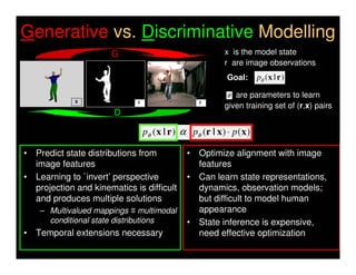 Generative vs. Discriminative Modelling
                      G                                     x is the model state
                                                            r are image observations
                                                             Goal:      pθ (x | r )

                                                             θ are parameters to learn
             x               r                     r
                                                            given training set of (r,x) pairs
                       D

                                 pθ ( x | r ) α pθ (r | x ) ⋅ p ( x )

• Predict state distributions from             • Optimize alignment with image
  image features                                 features
• Learning to `invert’ perspective             • Can learn state representations,
  projection and kinematics is difficult         dynamics, observation models;
  and produces multiple solutions                but difficult to model human
    – Multivalued mappings ≡ multimodal          appearance
      conditional state distributions          • State inference is expensive,
• Temporal extensions necessary                  need effective optimization
 