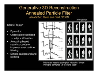 Generative 3D Reconstruction
            Annealed Particle Filter
                   (Deutscher, Blake and Reid, ‘99-01)
                                                              monocular

Careful design

• Dynamics
• Observation likelihood
   – edge + silhouettes
• Annealing-based
  search procedure,
  improves over particle
  filtering
• Simple background and
  clothing

                               Improved results (complex motions) when
                               multiple cameras (3-6) were used
 