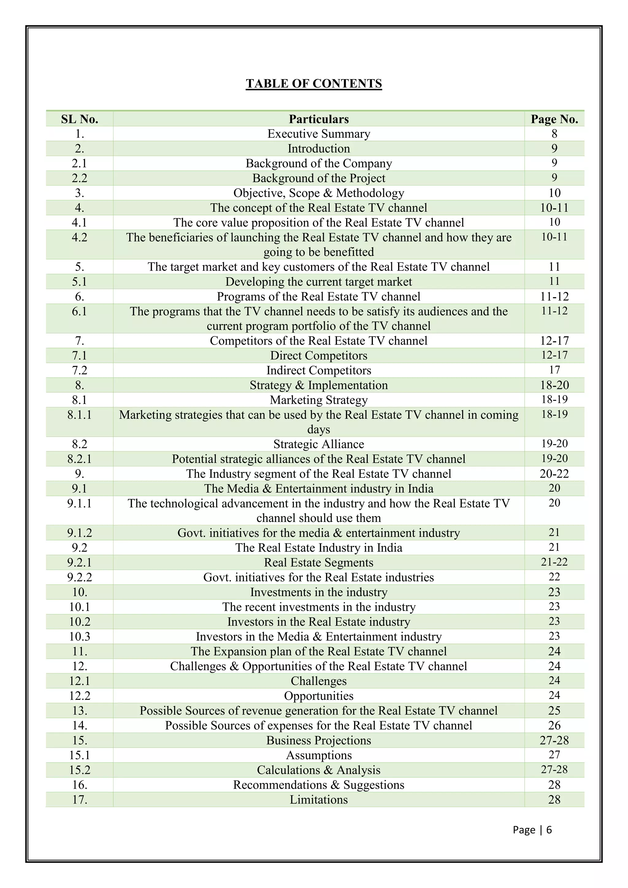 Page | 6
TABLE OF CONTENTS
SL No. Particulars Page No.
1. Executive Summary 8
2. Introduction 9
2.1 Background of the Company 9
2.2 Background of the Project 9
3. Objective, Scope & Methodology 10
4. The concept of the Real Estate TV channel 10-11
4.1 The core value proposition of the Real Estate TV channel 10
4.2 The beneficiaries of launching the Real Estate TV channel and how they are
going to be benefitted
10-11
5. The target market and key customers of the Real Estate TV channel 11
5.1 Developing the current target market 11
6. Programs of the Real Estate TV channel 11-12
6.1 The programs that the TV channel needs to be satisfy its audiences and the
current program portfolio of the TV channel
11-12
7. Competitors of the Real Estate TV channel 12-17
7.1 Direct Competitors 12-17
7.2 Indirect Competitors 17
8. Strategy & Implementation 18-20
8.1 Marketing Strategy 18-19
8.1.1 Marketing strategies that can be used by the Real Estate TV channel in coming
days
18-19
8.2 Strategic Alliance 19-20
8.2.1 Potential strategic alliances of the Real Estate TV channel 19-20
9. The Industry segment of the Real Estate TV channel 20-22
9.1 The Media & Entertainment industry in India 20
9.1.1 The technological advancement in the industry and how the Real Estate TV
channel should use them
20
9.1.2 Govt. initiatives for the media & entertainment industry 21
9.2 The Real Estate Industry in India 21
9.2.1 Real Estate Segments 21-22
9.2.2 Govt. initiatives for the Real Estate industries 22
10. Investments in the industry 23
10.1 The recent investments in the industry 23
10.2 Investors in the Real Estate industry 23
10.3 Investors in the Media & Entertainment industry 23
11. The Expansion plan of the Real Estate TV channel 24
12. Challenges & Opportunities of the Real Estate TV channel 24
12.1 Challenges 24
12.2 Opportunities 24
13. Possible Sources of revenue generation for the Real Estate TV channel 25
14. Possible Sources of expenses for the Real Estate TV channel 26
15. Business Projections 27-28
15.1 Assumptions 27
15.2 Calculations & Analysis 27-28
16. Recommendations & Suggestions 28
17. Limitations 28
 