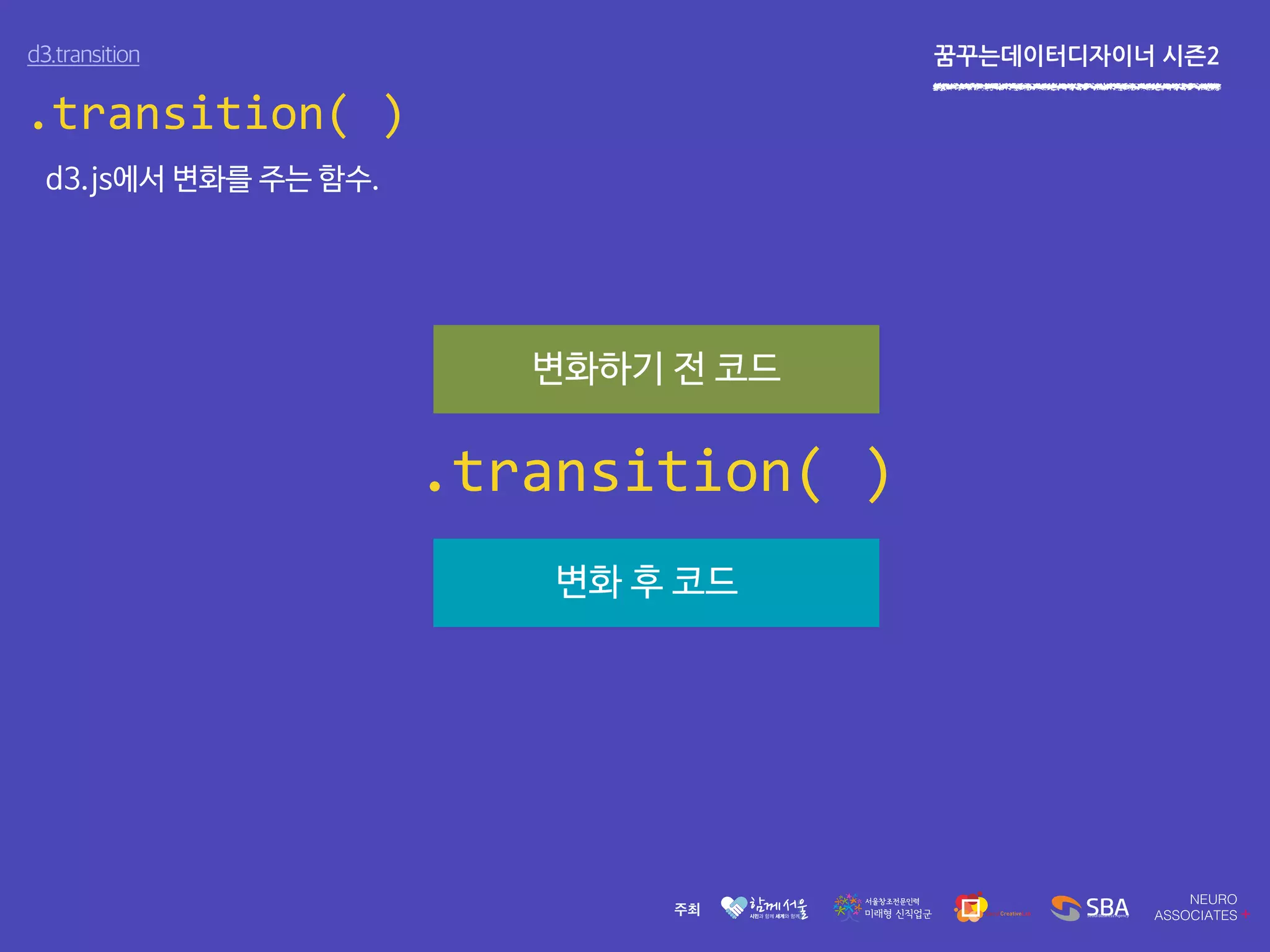 꿈꾸는데이터디자이너 시즌2
.transition( )
d3.transition
d3.js에서 변화를 주는 함수.
변화하기 전 코드
변화 후 코드
.transition( )
 