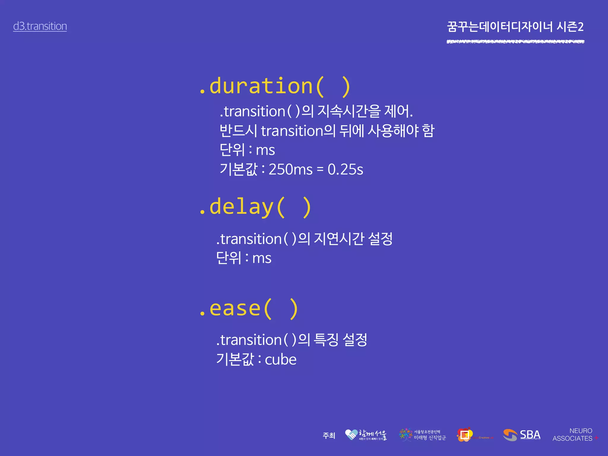 꿈꾸는데이터디자이너 시즌2d3.transition
.transition( )의 지속시간을 제어.
반드시 transition의 뒤에 사용해야 함
단위 : ms
기본값 : 250ms = 0.25s
.duration( )
.transition( )의 특징 설정
기본값 : cube
.ease( )
.transition( )의 지연시간 설정
단위 : ms
.delay( )
 