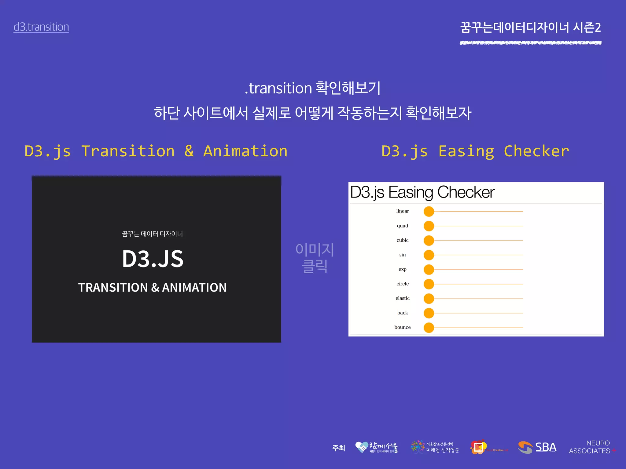 꿈꾸는데이터디자이너 시즌2d3.transition
.transition 확인해보기
하단 사이트에서 실제로 어떻게 작동하는지 확인해보자
D3.js Transition & Animation D3.js Easing Checker
이미지
클릭
 