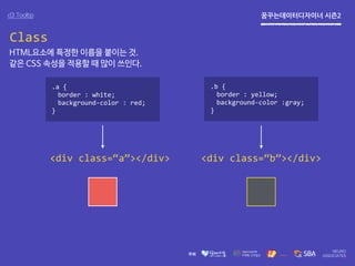 꿈꾸는데이터디자이너 시즌2
HTML요소에 특정한 이름을 붙이는 것.
같은 CSS 속성을 적용할 때 많이 쓰인다.
Class
d3 Tooltip
<div class=“a”></div> <div class=“b”></div>
.a {
border : white;
background-color : red;
}
.b {
border : yellow;
background-color :gray;
}
 