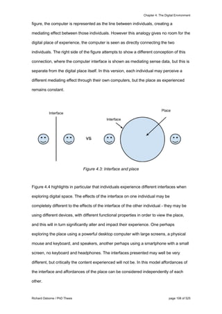 Chapter 4: The Digital Environment
Richard Osborne / PhD Thesis page 108 of 525
figure, the computer is represented as the line between individuals, creating a
mediating effect between those individuals. However this analogy gives no room for the
digital place of experience, the computer is seen as directly connecting the two
individuals. The right side of the figure attempts to show a different conception of this
connection, where the computer interface is shown as mediating sense data, but this is
separate from the digital place itself. In this version, each individual may perceive a
different mediating effect through their own computers, but the place as experienced
remains constant.
Figure 4.3: Interface and place
Figure 4.4 highlights in particular that individuals experience different interfaces when
exploring digital space. The effects of the interface on one individual may be
completely different to the effects of the interface of the other individual - they may be
using different devices, with different functional properties in order to view the place,
and this will in turn significantly alter and impact their experience. One perhaps
exploring the place using a powerful desktop computer with large screens, a physical
mouse and keyboard, and speakers, another perhaps using a smartphone with a small
screen, no keyboard and headphones. The interfaces presented may well be very
different, but critically the content experienced will not be. In this model affordances of
the interface and affordances of the place can be considered independently of each
other.
 