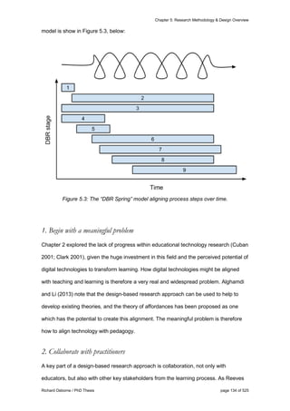 Chapter 5: Research Methodology & Design Overview
Richard Osborne / PhD Thesis page 134 of 525
model is show in Figure 5.3, below:
Figure 5.3: The “DBR Spring” model aligning process steps over time.
1. Begin with a meaningful problem
Chapter 2 explored the lack of progress within educational technology research (Cuban
2001; Clark 2001), given the huge investment in this field and the perceived potential of
digital technologies to transform learning. How digital technologies might be aligned
with teaching and learning is therefore a very real and widespread problem. Alghamdi
and Li (2013) note that the design-based research approach can be used to help to
develop existing theories, and the theory of affordances has been proposed as one
which has the potential to create this alignment. The meaningful problem is therefore
how to align technology with pedagogy.
2. Collaborate with practitioners
A key part of a design-based research approach is collaboration, not only with
educators, but also with other key stakeholders from the learning process. As Reeves
 