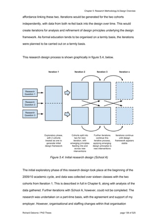 Chapter 5: Research Methodology & Design Overview
Richard Osborne / PhD Thesis page 138 of 525
affordance linking these two. Iterations would be generated for the two cohorts
independently, with data from both re-fed back into the design over time. This would
create iterations for analysis and refinement of design principles underlying the design
framework. As formal education tends to be organised on a termly basis, the iterations
were planned to be carried out on a termly basis.
This research design process is shown graphically in figure 5.4, below.
Figure 5.4: Initial research design (School A)
The initial exploratory phase of this research design took place at the beginning of the
2009/10 academic cycle, and data was collected over sixteen classes with the two
cohorts from Iteration 1. This is described in full in Chapter 6, along with analysis of the
data gathered. Further iterations with School A, however, could not be completed. The
research was undertaken on a part-time basis, with the agreement and support of my
employer. However, organisational and staffing changes within that organisation
 