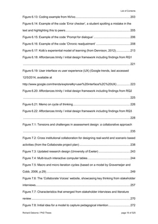 List of Contents
Richard Osborne / PhD Thesis page 16 of 525
Figure 6.13: Coding example from NVivo..................................................................203
Figure 6.14: Example of the code ‘Error checker’, a student spotting a mistake in the
text and highlighting this to peers..............................................................................205
Figure 6.15: Example of the code ‘Prompt for dialogue’............................................206
Figure 6.16: Example of the code ‘Chronic readjustment’ .........................................208
Figure 6.17: Kolb’s experiential model of learning (from Dennison, 2012).................213
Figure 6.18: Affordances trinity / initial design framework including findings from RQ1
.................................................................................................................................221
Figure 6.19: User interface vs user experience (UX) (Google trends, last accessed
12/5/2014, available at
http://www.google.com/trends/explore#q=user%20interface%2C%20UX) ................223
Figure 6.20: Affordances trinity / initial design framework including findings from RQ2
.................................................................................................................................225
Figure 6.21: Memo on cycle of thinking.....................................................................226
Figure 6.22: Affordances trinity / initial design framework including findings from RQ3
.................................................................................................................................228
Figure 7.1: Tensions and challenges in assessment design: a collaborative approach
.................................................................................................................................235
Figure 7.2: Cross institutional collaboration for designing real-world and scenario based
activities (from the Collaborate project plan) .............................................................238
Figure 7.3: Updated research design (University of Exeter) ......................................243
Figure 7.4: Multi-touch interactive computer tables ...................................................244
Figure 7.5: Macro and micro iteration cycles (based on a model by Gravemeijer and
Cobb, 2006, p.29).....................................................................................................249
Figure 7.6: The ‘Collaborate Voices’ website, showcasing key thinking from stakeholder
interviews..................................................................................................................257
Figure 7.7: Characteristics that emerged from stakeholder interviews and literature
review .......................................................................................................................270
Figure 7.8: Initial idea for a model to capture pedagogical intention..........................272
 