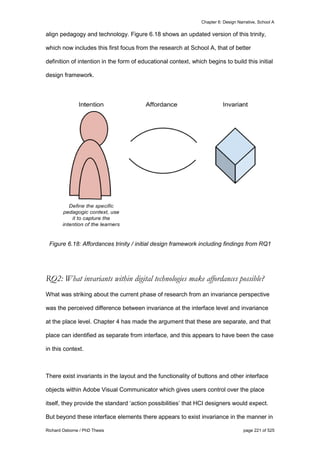 Chapter 6: Design Narrative, School A
Richard Osborne / PhD Thesis page 221 of 525
align pedagogy and technology. Figure 6.18 shows an updated version of this trinity,
which now includes this first focus from the research at School A, that of better
definition of intention in the form of educational context, which begins to build this initial
design framework.
Figure 6.18: Affordances trinity / initial design framework including findings from RQ1
RQ2: What invariants within digital technologies make affordances possible?
What was striking about the current phase of research from an invariance perspective
was the perceived difference between invariance at the interface level and invariance
at the place level. Chapter 4 has made the argument that these are separate, and that
place can identified as separate from interface, and this appears to have been the case
in this context.
There exist invariants in the layout and the functionality of buttons and other interface
objects within Adobe Visual Communicator which gives users control over the place
itself, they provide the standard ‘action possibilities’ that HCI designers would expect.
But beyond these interface elements there appears to exist invariance in the manner in
 
