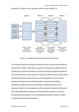 Chapter 7: Design Narrative, University of Exeter
Richard Osborne / PhD Thesis page 243 of 525
introduced in Chapter 5, but is reproduced here for clarity as Figure 7.3.
Figure 7.3: Updated research design (University of Exeter)
The framework depicts how research outcomes from work at School A fed directly into
new iterations at Exeter. It also depicts, using the size of boxes, how different types of
modules were involved in the research, and how the analysis of separate modules fed
into and across work on other modules. As Collins et al (2004) comment, design-based
research was originally conceived as a way of understanding the richer and more
complex environment around a learning situation, as opposed to controlling
independent variables, and Brown and Campione (1996) stress that it is in the
systematic analysis of the interdependence of the elements of a design that the power
of the methodology becomes apparent. By choosing many modules to study, both
simultaneously and iteratively, the rich interdependence between intention, invariant
and affordance should become apparent.
 