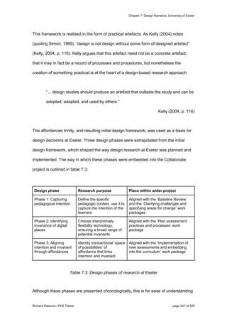 Chapter 7: Design Narrative, University of Exeter
Richard Osborne / PhD Thesis page 247 of 525
This framework is realised in the form of practical artefacts. As Kelly (2004) notes
(quoting Simon, 1969), “design is not design without some form of designed artefact”
(Kelly, 2004, p. 116). Kelly argues that this artefact need not be a concrete artefact,
that it may in fact be a record of processes and procedures, but nonetheless the
creation of something practical is at the heart of a design-based research approach:
“... design studies should produce an artefact that outlasts the study and can be
adopted, adapted, and used by others.”
Kelly (2004, p. 116)
The affordances trinity, and resulting initial design framework, was used as a basis for
design decisions at Exeter. Three design phases were extrapolated from the initial
design framework, which shaped the way design research at Exeter was planned and
implemented. The way in which these phases were embedded into the Collaborate
project is outlined in table 7.3:
Design phase Research purpose Place within wider project
Phase 1: Capturing
pedagogical intention
Define the specific
pedagogic context, use it to
capture the intention of the
learners
Aligned with the ‘Baseline Review’
and the ‘Clarifying challenges and
specifying areas for change’ work
packages
Phase 2: Identifying
invariance of digital
places
Choose interpretively
flexibility technology,
ensuring a broad range of
potential invariants
Aligned with the ‘Plan assessment
practices and processes’ work
package
Phase 3: Aligning
intention and invariant
through affordances
Identity transactional ‘space
of possibilities’ of
affordance that links
intention and invariant
Aligned with the ‘Implementation of
new assessments and embedding
into the curriculum’ work package
Table 7.3: Design phases of research at Exeter
Although these phases are presented chronologically, this is for ease of understanding
 