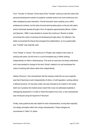 Chapter 7: Design Narrative, University of Exeter
Richard Osborne / PhD Thesis page 277 of 525
From ‘Transfer’ to ‘Review’: At the heart of the ‘Transfer’ continuum was the notion that
personal development outside of academic contexts tends to be more continuous and
often catalysed by peer interaction. Formal instruction does certainly occur within
professional contexts, but the bulk of actual learning takes place on the job with peers,
where individuals develop through a form of cognitive apprenticeship (Brown, Collins
and Newman, 1989). It was decided to rename this continuum ‘Review’ to better
summarise this notion of working and developing through peers. On reflection, this
better summarised the theme that emerged from stakeholders, so it is questionable
why ‘Transfer’ was originally used.
From ‘People’ to ‘Social’: The continuum of ‘People’ also related to the notion of
working with peers, but this time in a more formalised way of either working
independently on within a defined group. The word as used was not easily understood,
and it was decided to change to the word ‘Social’ instead to try and emphasise the
notion of working with others rather than independently.
Adding ‘Structure’: One characteristic that the existing model did not cover explicitly
was that of learning to work independently of others, of self-regulation, working without
a defined structure. As has been noted, this was intended to be implicit in the model
itself, but in practice this implicit sense meant that it was not addressed explicitly in
redesigning assessment. In order to make this explicit once more, a new characteristic
was introduced using the keyword of ‘Structure’.
Finally, extra guidance text was added for each characteristics, turning them explicitly
into design principles rather than simply characteristics. These changes are
summarised in Table 7.6, below:
 