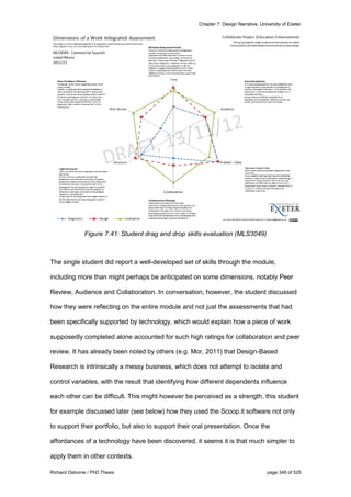 Chapter 7: Design Narrative, University of Exeter
Richard Osborne / PhD Thesis page 349 of 525
Figure 7.41: Student drag and drop skills evaluation (MLS3049)
The single student did report a well-developed set of skills through the module,
including more than might perhaps be anticipated on some dimensions, notably Peer
Review, Audience and Collaboration. In conversation, however, the student discussed
how they were reflecting on the entire module and not just the assessments that had
been specifically supported by technology, which would explain how a piece of work
supposedly completed alone accounted for such high ratings for collaboration and peer
review. It has already been noted by others (e.g. Mor, 2011) that Design-Based
Research is intrinsically a messy business, which does not attempt to isolate and
control variables, with the result that identifying how different dependents influence
each other can be difficult. This might however be perceived as a strength, this student
for example discussed later (see below) how they used the Scoop.it software not only
to support their portfolio, but also to support their oral presentation. Once the
affordances of a technology have been discovered, it seems it is that much simpler to
apply them in other contexts.
 