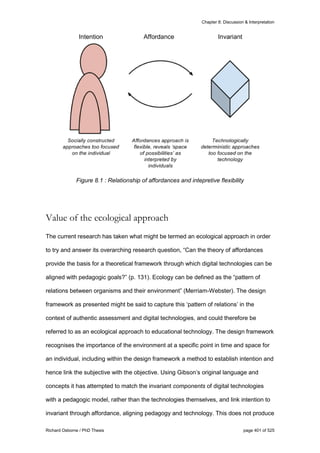 Chapter 8: Discussion & Interpretation
Richard Osborne / PhD Thesis page 401 of 525
Figure 8.1 : Relationship of affordances and intepretive flexibility
Value of the ecological approach
The current research has taken what might be termed an ecological approach in order
to try and answer its overarching research question, “Can the theory of affordances
provide the basis for a theoretical framework through which digital technologies can be
aligned with pedagogic goals?” (p. 131). Ecology can be defined as the “pattern of
relations between organisms and their environment” (Merriam-Webster). The design
framework as presented might be said to capture this ‘pattern of relations’ in the
context of authentic assessment and digital technologies, and could therefore be
referred to as an ecological approach to educational technology. The design framework
recognises the importance of the environment at a specific point in time and space for
an individual, including within the design framework a method to establish intention and
hence link the subjective with the objective. Using Gibson’s original language and
concepts it has attempted to match the invariant components of digital technologies
with a pedagogic model, rather than the technologies themselves, and link intention to
invariant through affordance, aligning pedagogy and technology. This does not produce
 