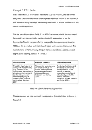 Chapter 9: Conclusion & Implications
Richard Osborne / PhD Thesis page 428 of 525
Example 1: VLE Review
In the first instance, a review of the institutional VLE was required, and rather than
carry out a functional comparison which might be the typical solution to this scenario, it
was decided to apply the design methodology as outlined to provide a more robust and
research based evaluation.
The first step of the process (Table 8.1, p. 405-6) requires a suitable literature based
framework from which principles can be extracted. It was decided to use the
Community of Inquiry framework for this purpose (Garrison, Anderson and Archer,
1999), as this is a mature and relatively well tested and researched framework. The
main elements of the Community of Inquiry framework are three presences: social,
cognitive and teaching, as listed in Table 9.1.
Social presence Cognitive Presence Teaching Presence
The ability of participants to
identify with the community
(e.g., course of study),
communicate purposefully in
a trusting environment, and
develop inter-personal
relationships by way of
projecting their individual
personalities. (Garrison,
2009)
The extent to which learners
are able to construct and
confirm meaning through
sustained reflection and
discourse (Garrison,
Anderson, and Archer,
2001).
The design, facilitation, and
direction of cognitive and
social processes for the
purpose of realizing
personally meaningful and
educationally worthwhile
learning outcomes
(Anderson, Rourke, Garrison,
and Archer, 2001).
Table 9.1: Community of inquiry presences
These presences are most commonly represented as three interlinking circles, as in
Figure 9.1:
 