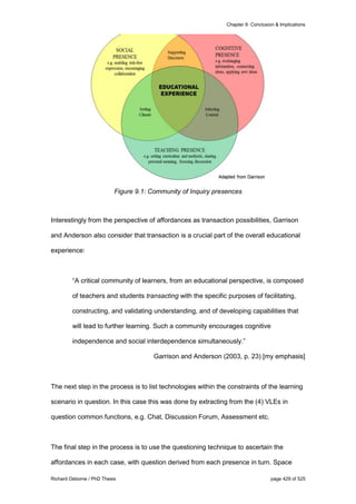 Chapter 9: Conclusion & Implications
Richard Osborne / PhD Thesis page 429 of 525
Figure 9.1: Community of Inquiry presences
Interestingly from the perspective of affordances as transaction possibilities, Garrison
and Anderson also consider that transaction is a crucial part of the overall educational
experience:
“A critical community of learners, from an educational perspective, is composed
of teachers and students transacting with the specific purposes of facilitating,
constructing, and validating understanding, and of developing capabilities that
will lead to further learning. Such a community encourages cognitive
independence and social interdependence simultaneously.”
Garrison and Anderson (2003, p. 23) [my emphasis]
The next step in the process is to list technologies within the constraints of the learning
scenario in question. In this case this was done by extracting from the (4) VLEs in
question common functions, e.g. Chat, Discussion Forum, Assessment etc.
The final step in the process is to use the questioning technique to ascertain the
affordances in each case, with question derived from each presence in turn. Space
 