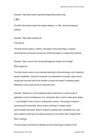 Appendix E6: Guide to the Tech Trumps
Richard Osborne / PhD Thesis page 485 of 525
Example: “http://www.zotero.org/static/images/theme/zotero.png
URL
The URL field should contain the website address, i.e. URL, of the technology in
question.
Example: “http://www.citeulike.org”
Oneliner
This field should contain a ‘oneliner’ description of the technology in question,
something that summarises the key aim of the technology in a single short sentence.
Example: “Open-source free Learning Management System from Google”
Description
This field should contain a more verbose description of the technology, which details its
specific capabilities. Using the companies’ own descriptions is usually a good choice,
though they may well need to be rewritten to reduce the explicit “marketing speak”.
Wikipedia is also a good source for description text.
Example: “SketchUp is a 3D modelling program optimized for a broad range of
applications such as architectural, civil, mechanical, film as well as video game design
— and available in free as well as 'professional' versions. The program includes a
drawing layout functionality, allows surface rendering in variable "styles,"
accommodates third-party "plug-in" programs enabling other capabilities (e.g. near
photo-realistic rendering) and enables placement of its models within Google Earth.”
Star ratings
The star ratings summarise the affordances of the technology in relation to the
 