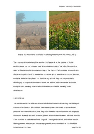 Chapter 3: The Theory of Affordances
Richard Osborne / PhD Thesis page 57 of 525
Figure 3.3: Real world examples of texture gradient (from the author, 2007)
The concept of invariants will be revisited in Chapter 4, in the context of digital
environments, but it is included here as an understanding of the role of invariants is
seen as fundamental to an understanding of the theory of affordances. Invariants are
simple enough concepts to understand in the real world, as they surround us and can
easily be tested and explored, but it will be argued that they can be particularly
challenging in a digital environment, where the normal ‘rules’ of the real world are
easily broken, breaking down the invariant effect and hence breaking down
affordances.
Intention
The second aspect of affordances that is fundamental to understanding the concept is
the notion of intention. Affordances have already been discussed in terms of their
personal and relational nature, that they exist between the environment and a specific
individual. However it is also true that generic affordances may exist, because animals
- and humans as part of the animal kingdom - have generic traits, and hence we can
identify generic affordances. An average grown human, whether 7 or 70, should be
 