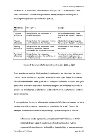 Chapter 3: The Theory of Affordances
Richard Osborne / PhD Thesis page 62 of 525
think and act. It supports an information processing model of behaviour which is in
direct tension with Gibson’s ecological model, where perception is directly tied to
meaning through the idea of ‘information pick-up’.
Affordance
type
Description Example
Cognitive
affordance
Design feature that helps users in
knowing something
A button label that helps users
know what will happen if they click
on it
Physical
affordance
Design feature that helps users in doing
a physical action in the interface
A button that is large enough so
that users can click on it accurately
Sensory
affordance
Design feature that helps users sense
something (especially cognitive
affordances and physical affordances)
A label font size large enough to
read easily
Functional
affordance
Design feature that helps users
accomplish work (i.e., the usefulness of
a system function)
The internal system ability to sort a
series of numbers (invoked by
users clicking on the Sort button)
Table 3.1: Summary of affordance types (Hartson, 2003, p. 323)
From a design perspective this breakdown looks tempting, as it suggests the design
process can be itemised and regulated according to these types. In practice however
the crossovers between these types are too strong and intertwined. From an ecological
perspective it would be argued that individuals recognise an affordance in general; in
practice we do not sense an affordance, and then think about an affordance, and then
act on affordance.
A common theme throughout all these interpretations of affordances, however, remains
the idea that affordances can be restated as ‘possibilities for action’. Greeno, for
example, summarises affordances as providing a “type of activity that is possible”:
“Affordances can be represented, using situation-theory notation, as if-then
relations between types of situations, in which the antecedent involves
resources in the environment and enabling characteristics of a person or group
 