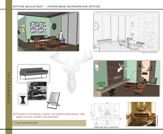 OFFICE BUILD-OUT -MIXED*BAG CO-WORKING OFFICE 
C O M ME R C I A L 
Created with SketchUp 
“THE GATHERING” 
FIREPLACE WALL ELEVATION 
Provides an interesting, creative, and sophisticated design--high- quality furniture, finishes, and equipment 
inspiration  