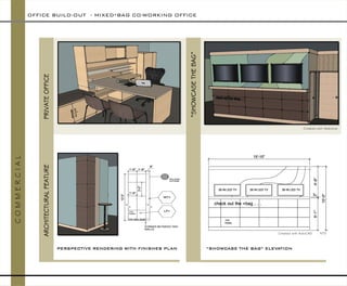 C O M M E R C I A L 
Created with Sketchup 
ARCHITECTURAL FEATURE PRIVATE OFFICE 
“SHOWCASE THE BAG” 
“SHOWCASE THE BAG” ELEVATION 
PERSPECTIVE RENDERING WITH FINISHES PLAN 
Created with AutoCAD NTS 
OFFICE BUILD-OUT -MIXED*BAG CO-WORKING OFFICE  