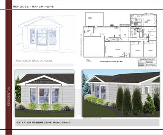 REMODEL -RANCH HOME 
RESIDENTIAL 
CONSTRUCTION PLAN 
EXTERIOR PERSPECTIVE RENDERING 
CREATED WITH SKETCHUP 
ADDITION AT BACK OF HOUSE 
CREATED WITH AUTOCAD NTS  