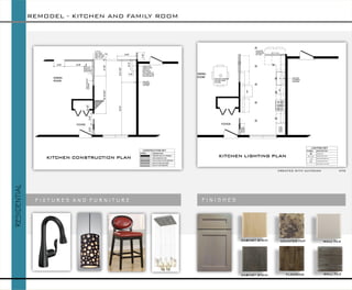 REMODEL -KITCHEN AND FAMILY ROOM 
RESIDENTIAL 
KITCHEN LIGHTING PLAN 
KITCHEN CONSTRUCTION PLAN 
F I X T U R E S A N D F U R N I T U R E 
F I N I S H E S 
CREATED WITH AUTOCAD NTS 
CABINET STAIN 
CABINET STAIN 
COUNTER TOP 
WALL TILE 
WALL TILE 
FLOORING  