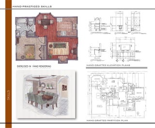 HAND-PRACTICED SKILLS 
SKILLS 
HAND-DRAFTED ELEVATION PLANS 
PROPOSED FLOOR PLANEXERCISES IN HAND RENDERING 
HAND-DRAFTED PARTITION PLAN 