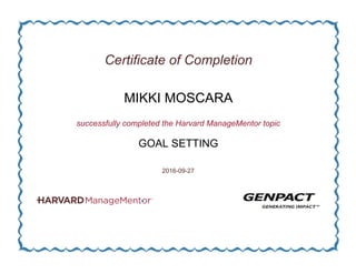 Certificate of Completion
MIKKI MOSCARA
successfully completed the Harvard ManageMentor topic
GOAL SETTING
2016-09-27
 