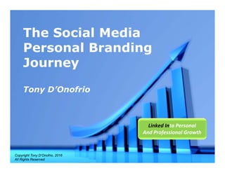 Powerpoint Templates
Page 1
Powerpoint Templates
The Social Media
Personal Branding
Journey
Tony D’Onofrio
Copyright Tony D’Onofrio, 2016
All Rights Reserved
Linked Into Personal 
And Professional Growth
 