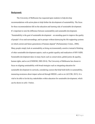 4 | P a g e
Background:
The University of Melbourne has requested upon students to help develop
recommendations with action plans to help further the development of sustainability. The focus
for these recommendations fall on the education and learning side of sustainable development.
It’s important to note the difference between sustainability and sustainable development.
“Sustainability is the goal of sustainable development – an unending quest to improve the quality
of people’s lives and surroundings, and to prosper without destroying the life-supporting systems
on which current and future generations of humans depend” (Parliamentary Comm., 2004).
Many people simply look at sustainability as being environmentally sensitive instead of thinking
of other sustainable development aspects, such as gender equality and eradication of HIV/AIDS.
Sustainable development takes in many facets such as conservation, global justice & equality,
human rights, and so on (UNDESD, 2005-2014). The University of Melbourne has chosen to
focus on aligning sustainability with broad strategies such as integrating education for
sustainable development in curricula, considering courses that help build skills in sustainability,
measuring awareness about impact achieved through MOOCs, and so on (ACCSR, 2015). It is
vital to be able to list the key stakeholders within education for sustainable development, which
can be shown in table 1 below.
 