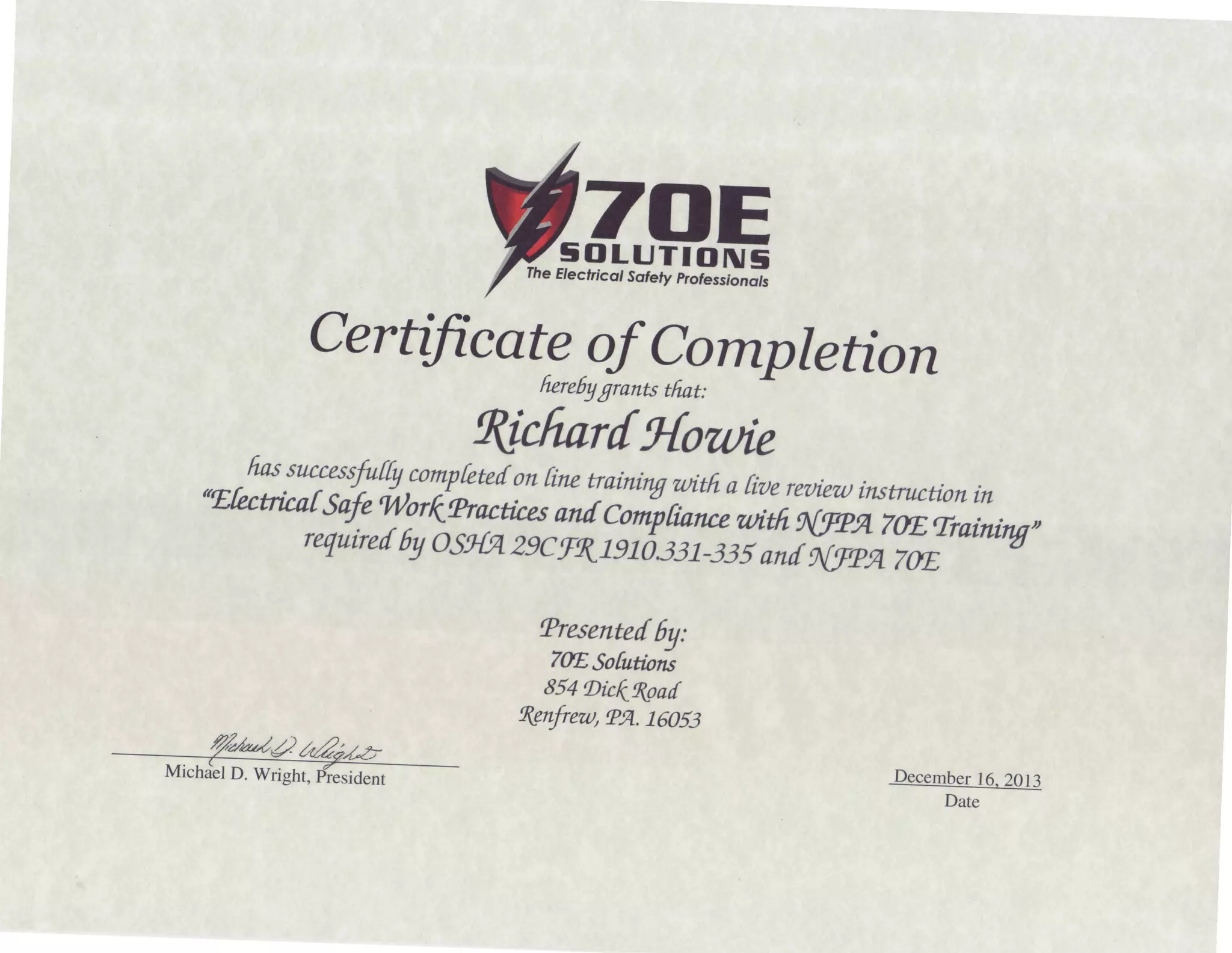OSHA NFPA 70E Certification.PDF